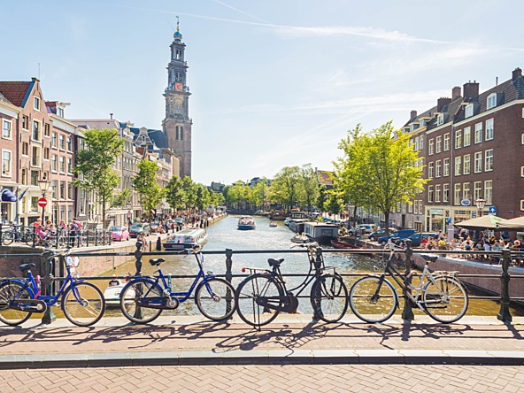 Amsterdam canal and bikes on bridge